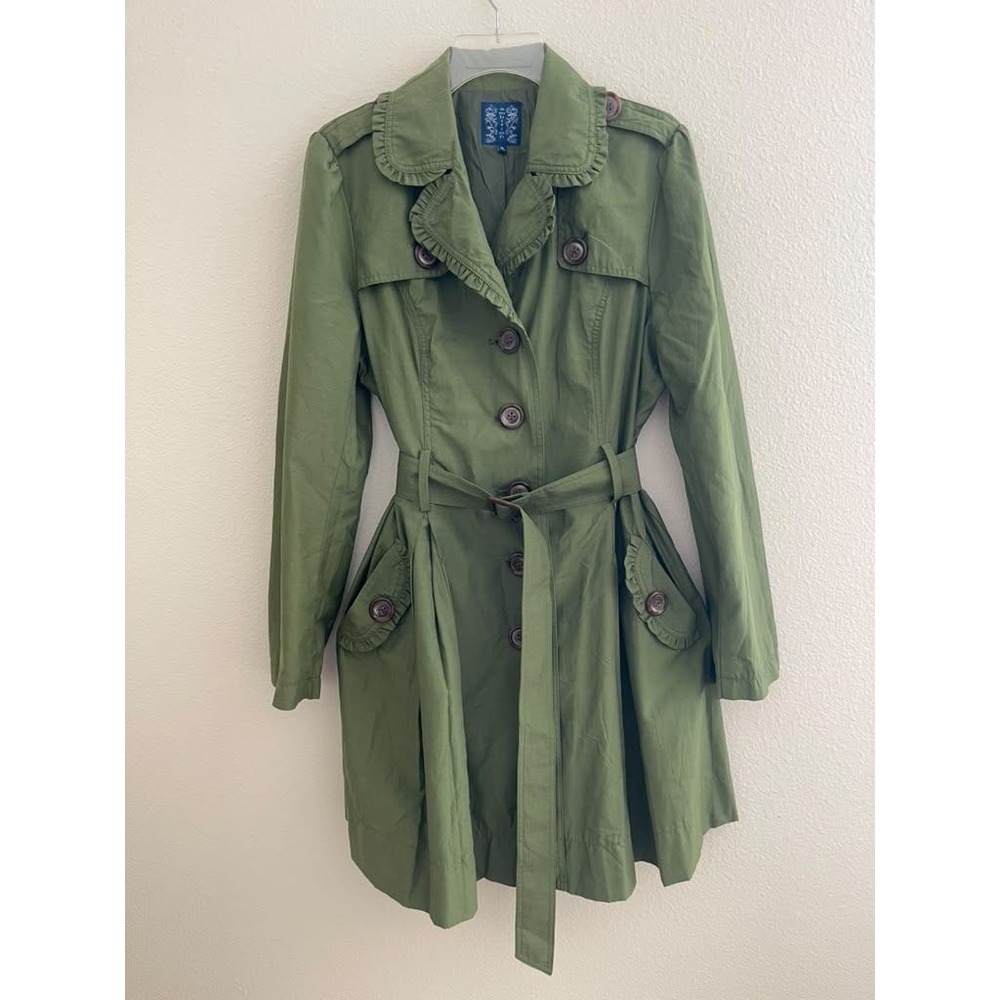 Ambition Olive Green Ruffle Trim Belted Trench Coat Jacket Women XL